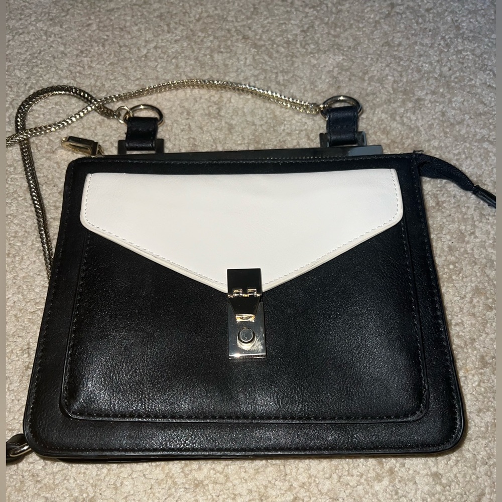 Zara basics black and cream evening bag with long chain strap.